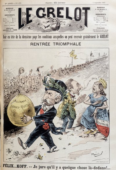 Przysięgam, że coś tam jest. Prezydent Francji Felix Faure (1841-1899) niosący balon pożyczki rosyjskiej. Z tyłu kobieta reprezentująca Lotaryngię kłóci się z mężczyzną, który mówi „Zostaw nas w spokoju” (bez wątpienia minister spraw zagranicznych Gabriel  autorstwa French School