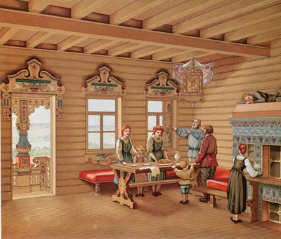 Wyidealizowane wnętrze izby rosyjskiej, ok.1880 r. (kolorystyka) autorstwa French School