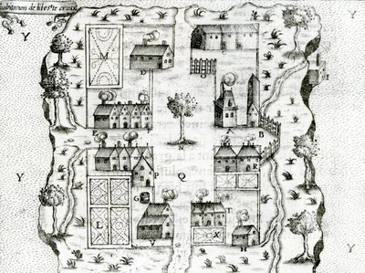 Ile Ste. Croix, najwcześniejsza francuska osada w Acadia, 1604 z Podróży Samuela de Champlaina (ok. 1580-1635), 1613 autorstwa French School