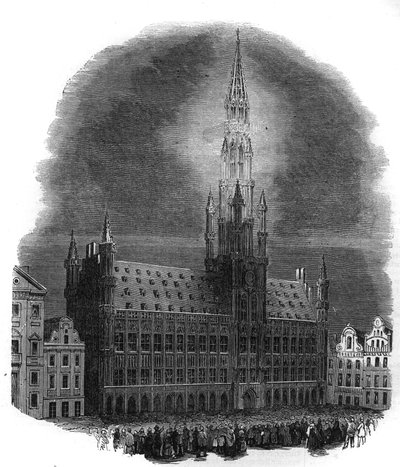 Iluminacja ratusza w Brukseli 26 września 1864 r. z okazji rocznicy walk, które wyzwoliły Belgię spod panowania holenderskiego. Ze szkicu M.D.A. Grawerowanie w „Wspaniałym Wszechświecie” autorstwa French School