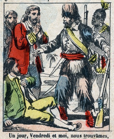 Ilustracja do Księgi Daniela Defoe (De foe) „”Robinson Crusoe””. Obrazowanie epinal z końca XIX wieku. autorstwa French School