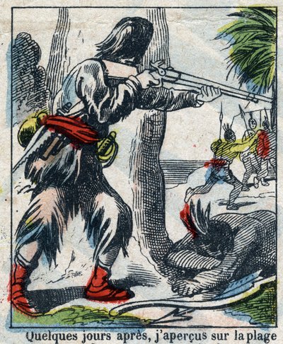 Ilustracja do Księgi Daniela Defoe (De foe) „”Robinson Crusoe””. Obrazowanie epinal z końca XIX wieku. autorstwa French School