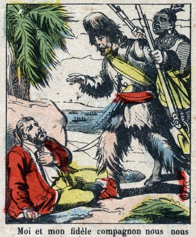 Ilustracja do Księgi Daniela Defoe (De foe) „”Robinson Crusoe””. Obrazowanie epinal z końca XIX wieku. autorstwa French School
