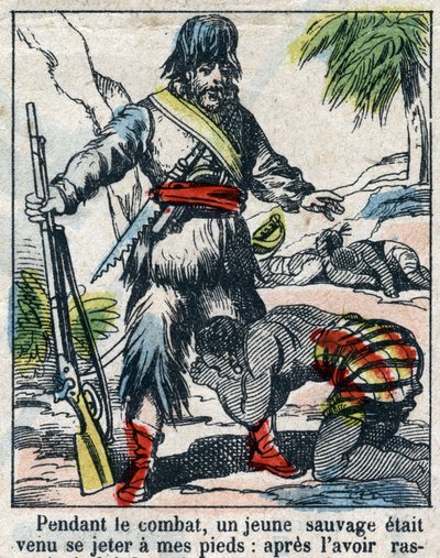 Ilustracja do Księgi Daniela Defoe (De foe) „”Robinson Crusoe””. Obrazowanie epinal z końca XIX wieku. autorstwa French School