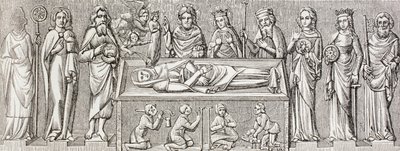 Ilustracja po płaskorzeźbie na grobie Elżbiety Węgierskiej, z książki „Życie wojskowe i religijne w średniowieczu” Paula Lacroix, wydanej w Londynie ok. 1880 r. autorstwa French School