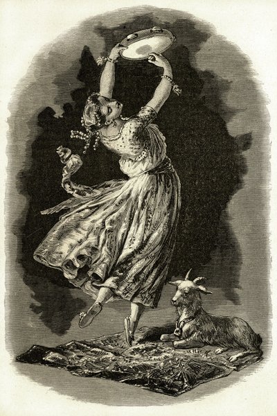 Ilustracja do "Notre-Dame de Paris" Victora Hugo: Esmeralda tańczy grając na tamburynie obok swojej kozy, początek XX wieku (lito) autorstwa French School