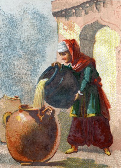 Ilustracja do Opowieści z tysiąca i jednej nocy. Morgiane, niewolnica Ali Baby (Ali Baby), zdając sobie sprawę, że w wazonach są złodzieje, odebrała im życie, wlewając wrzący olej do każdego naczynia. Chromolitografia około 1890 r. autorstwa French School