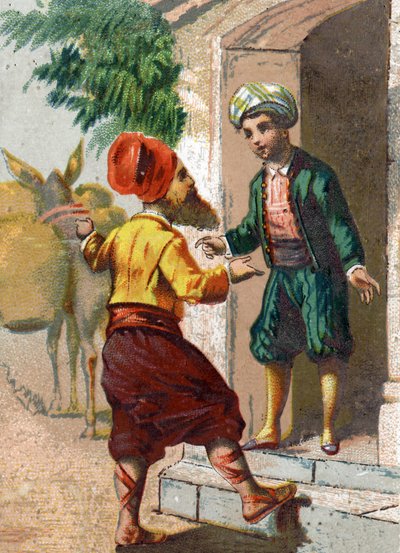 Ilustracja do Opowieści z tysiąca i jednej nocy. Kapitan, rozczarowany jako kupiec naftowy, a za nim 19 mułów ładuje każdy z dwóch dużych waz, prosi o gościnę Ali-Baba (Ali Baba). Chromolitografia około 1890 r. autorstwa French School
