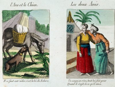 Ilustracja do bajek Jeana de la Fontaine (1621-1695): po lewej „Osioł i pies”” po prawej „Les deux amis”” Rycina z XIX wieku. Muzeum La Fontaine, Chateau Thierry autorstwa French School