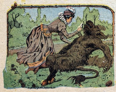 Ilustracja do bajki „Piękna i Bete”: piękna wskrzesiła bete, która zemdlała z bólu, gdy odmówiła oświadczyn. Grawerowanie wizerunków Quinna, około 1890 r. autorstwa French School