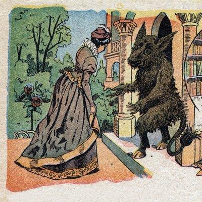Ilustracja do bajki „La Belle et la Bete”: piękna przybywa do zamku Bete. Grawerowanie wizerunków Quinna, około 1890 r. autorstwa French School
