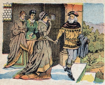 Ilustracja do bajki „La Belle et la Bete”: kupiec wyruszający w podróż pożegnał się z trzema córkami i obiecał im prezent po powrocie. Grawerowanie wizerunków Quinna, około 1890 r. autorstwa French School