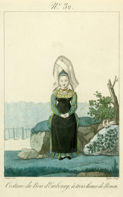 Ilustracja nr. 32, Kostium Lasku Embourg koło Rouen (kolorowy ryt) autorstwa French School