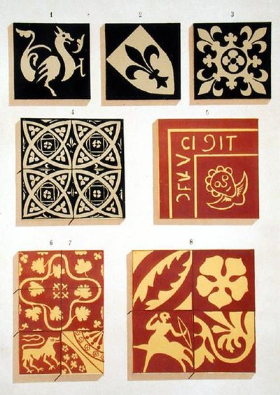 Ilustracja wzorów ceramicznych z XIII w. z księgi źródeł dekoracyjnych (litografia barwna) autorstwa French School
