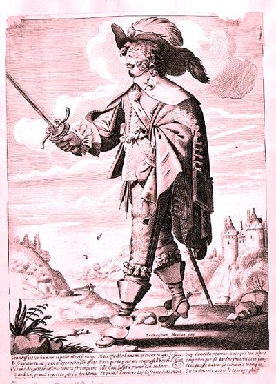 Ilustracja przedstawiająca żołnierza za panowania Ludwika XIII (1601-43) (rycina) (zdjęcie b/w) autorstwa French School