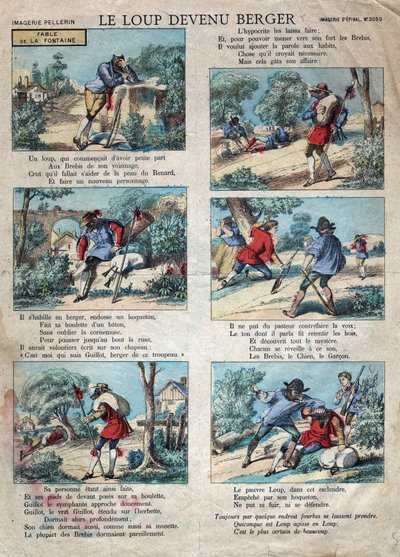Ilustracja do bajki Jeana de la Fontaine (1621-1695): wilk został pasterzem. Obrazowanie epinal z końca XIX wieku. autorstwa French School