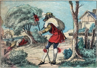 Ilustracja do bajki Jeana de la Fontaine (1621-1695): wilk został pasterzem. Obrazowanie epinal z końca XIX wieku. autorstwa French School