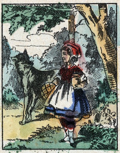 Ilustracja do bajki „Czerwony Kapturek” autorstwa Charlesa Perraulta. Drzeworyt firmy Imaging Pellerin - Epinal, sd. Koniec XIX wieku. autorstwa French School