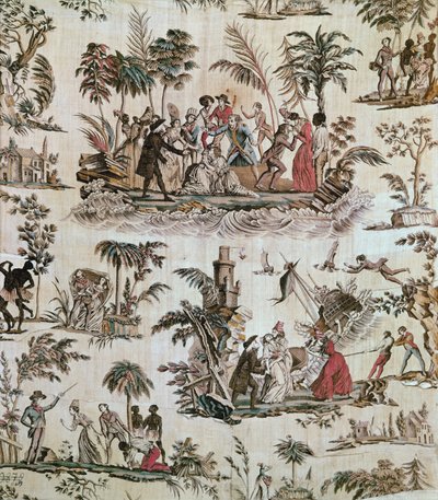 Ilustracje incydentów z powieści Paul et Virginie, Toile de Nantes, ok. 1800 (bawełna drukowana) autorstwa French School