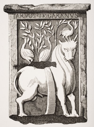 Obraz celtyckiego pomnika Świętego Wołu odnalezionego pod chórem katedry Notre Dame w Paryżu w 1711 r., z Le Moyen Age et La Renaissance autorstwa Paula Lacroix (1806-84) opublikowany w 1847 r. autorstwa French School