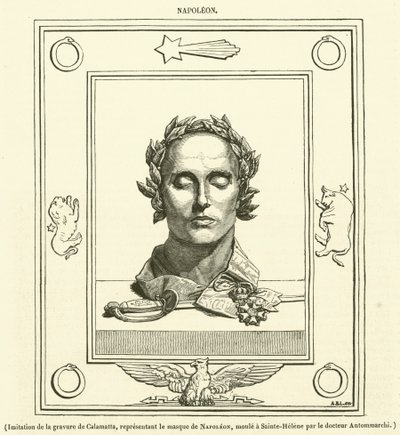 Imitacja ryciny Calamatty przedstawiającej maskę Napoleona, uformowaną w Sainte-Helene przez dr Antommarchi (rycina) autorstwa French School