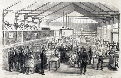 Impress Eugenie i Imperial Prince wizyta w Banque de France, 23 czerwca 1866 - druk banknotów - grawerowanie w Le MONDE Illustrous DU 07.07.1866 autorstwa French School