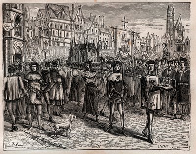 W 1318 r. wigilia Paryża wezwała duchowieństwo miasta do tłumaczenia relikwii Saint-Magloire - Procesja zaczęła opuszczać kościół Saint-Magloire przy rue Saint-Denis i udała się rue aux Ours, na cmentarz Saint-Nicolas-des-Cha autorstwa French School
