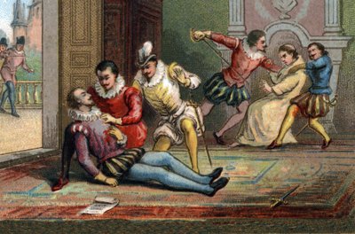 W 1589 mnich Jacques Clement zamordował króla Henryka III nożem po tym, jak zmusił go do przeczytania listu. Król zginął w ramionach Henryka Nawarry. Chromolitografia około 1890 r. autorstwa French School