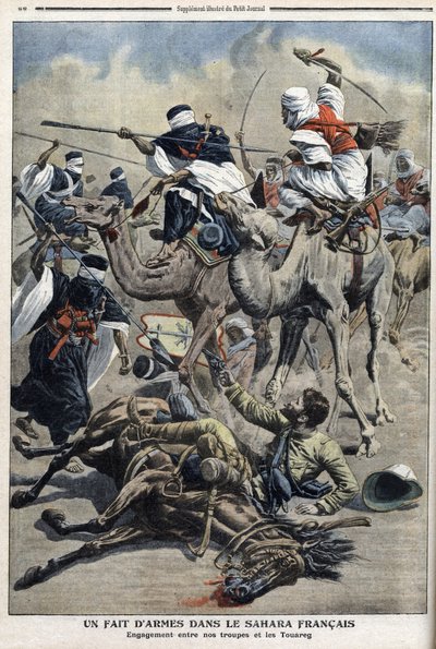 Po angielsku Sahara: walka pomiędzy francuskimi touaregami, ilustracja z gazety „Le Petit Journal” 17 marca autorstwa French School
