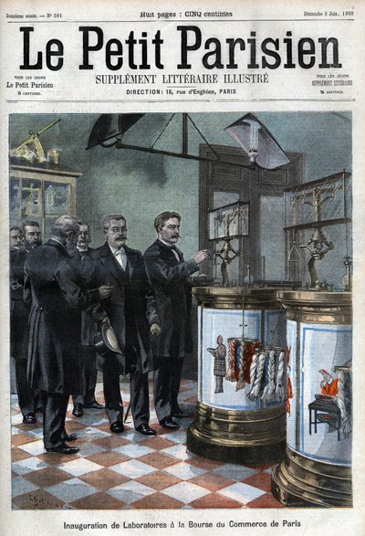 Inauguracja laboratoriów na giełdzie: pan Masson, prezes Izby Handlowej w Paryżu, przedstawia Ministrowi Handlu Millerandowi nowe pomieszczenia do kondycjonowania włosia i wełny oraz laboratorium do badania papieru. (Zważyć autorstwa French School