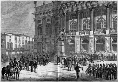 Inauguracja pomnika sardyńskiego autorstwa Vincenzo Vela (1820-1891) na placu zamkowym w Turynie (Włochy) 10 kwietnia 1859 r. Za pomnikiem znajduje się „Palazzo Madama”. Na podstawie szkiców pana Ferry