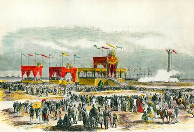 Inauguracja Kanału Sueskiego w Egipcie w 1869 r.: w Port Saidzie śpiewa „Te deum”. Kanał powstał, aby połączyć Morze Czerwone z Morzem Śródziemnym. autorstwa French School