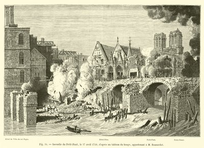 Pożar Petit-Pont, 27 kwietnia 1718; ze stołu czasu, należącego do M Bonnardota autorstwa French School