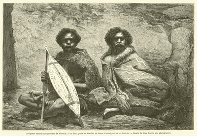 Australijscy tubylcy (Prowincja Wiktorii); jeden z nich niesie tarczę wykonaną z kory eukaliptusa lub banksji (rycina) autorstwa French School