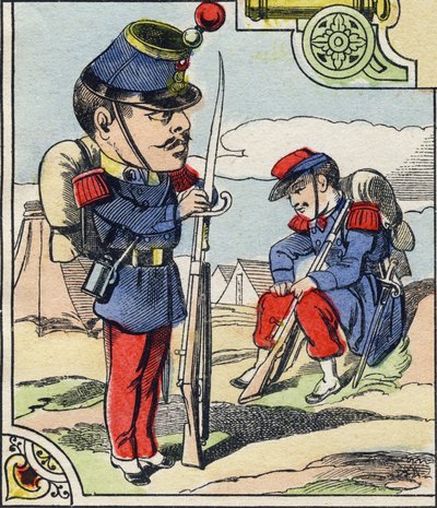 Linia piechoty. Grawerowanie w „Komiksowy alfabet wojskowy”. Piąta seria. Obrazowanie epinal. Pellerin i Cie, Drukarze, Epinal, koniec XIX wieku. 16 stron. Wymiary: 25x18,5cm autorstwa French School