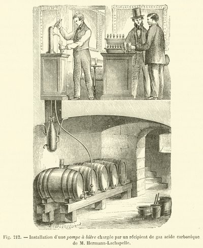 Montaż pompy do piwa ładowanej zbiornikiem gazowego kwasu węglowego firmy M Hermann-Lachapelle (grawerowanie) autorstwa French School