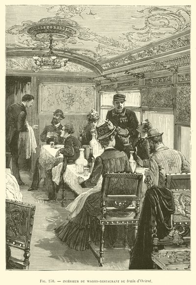 Wnętrze wagonu-restauracji pociągu Orient (grafika) autorstwa French School