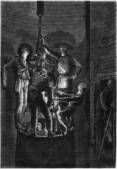 Wygląd wnętrza studni kopalnianej: wejście na śmietnik. 1861. Grawer w „”Le Monde Illustré””n°238 z 2 listopada autorstwa French School