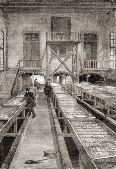 Wnętrze XIX-wiecznej farmy rybnej w Huningue we Francji, z Les Merveilles de la Science, wydane ok. 1870 (rycina) autorstwa French School