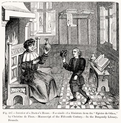 Wnętrze Domu Lekarzy, z Epistre dOthea Christine de Pisan, ilustracja z Nauki i literatury w średniowieczu i renesansie, napisana i rytowana przez Paula Lacroix, 1878 (engravi autorstwa French School