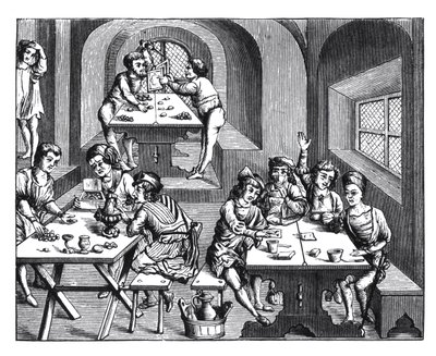 Wnętrze zajazdu, według drzeworytu w foliowym wydaniu Wergiliusza, wydanego Lyons, 1517 autorstwa French School