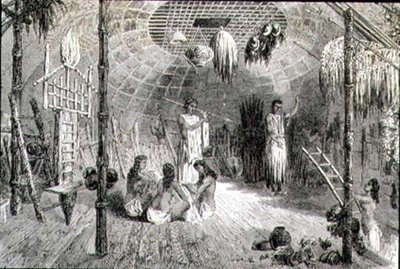Wnętrze chaty indyjskiej w latach 60. XIX wieku (rycina) autorstwa French School