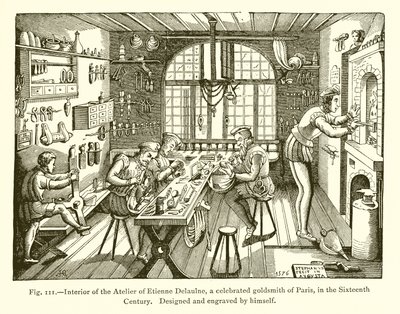 Wnętrze Atelier Etienne Delaulne, sławnego złotnika paryskiego, w XVI wieku autorstwa French School