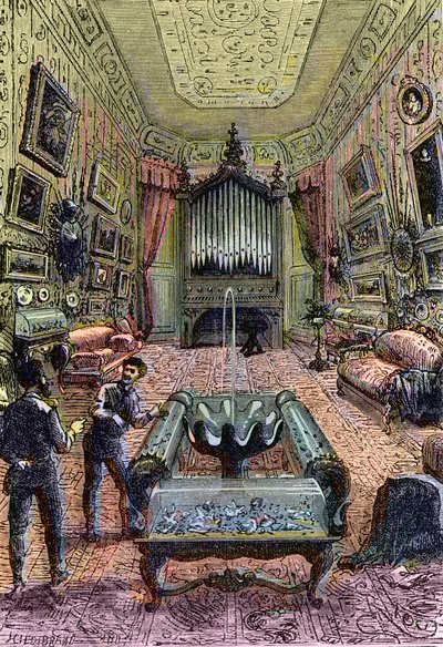 Wnętrze Nautilusa, ilustracja z „20.000 mil podmorskiej żeglugi” Julesa Verne