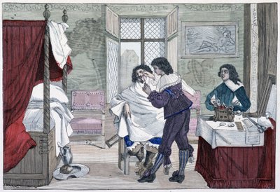 Wnętrze domu fryzjera w XVII wieku - w „Paryżu przez wieki” autorstwa French School