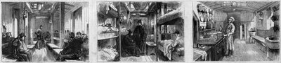 Widok wnętrza wagonu pogotowia i wagonu kuchennego pociągu medycznego francuskiego Societe de secours aux wesses militaires. Grawer w „”Le Monde Illustré””n°846 z 28 czerwca 1873 r. autorstwa French School