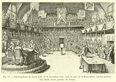 Przesłuchanie Ludwika XVI, 26 grudnia 1792, w Salle de la Convention, dawna ujeżdżalnia, Faksymile ryciny z tamtych czasów autorstwa French School