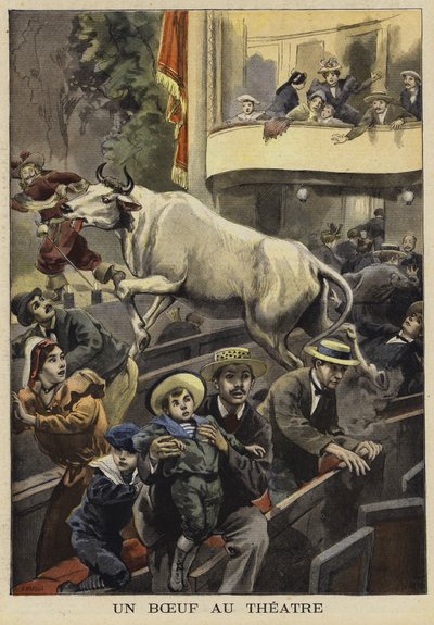 Przerwanie przedstawienia teatralnego przez byka, Villefranche-de-Lauragais, Francja, 1897 autorstwa French School