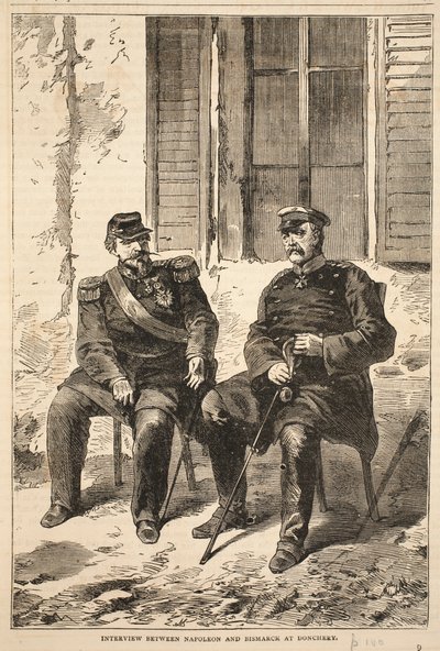 Wywiad między Napoleonem a Bismarckiem w Doncherry, ilustracja z Historii wojny Cassells między Francją a Niemcami, 1870-1871 autorstwa French School