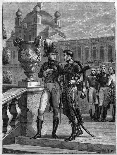 Wywiad z Aleksandrem I z Rosji (1777-1825) i Michelem Durocem (1772-1813) w Sankt Petersburgu w kwietniu 1801 r. - Rycina z 1865 r. w „Histoire du Consulate et de la Empire” Ludwika Adolphe Thiers - Rozmowa między cesarzem Aleksandrem I Rosja (1777- autorstwa French School